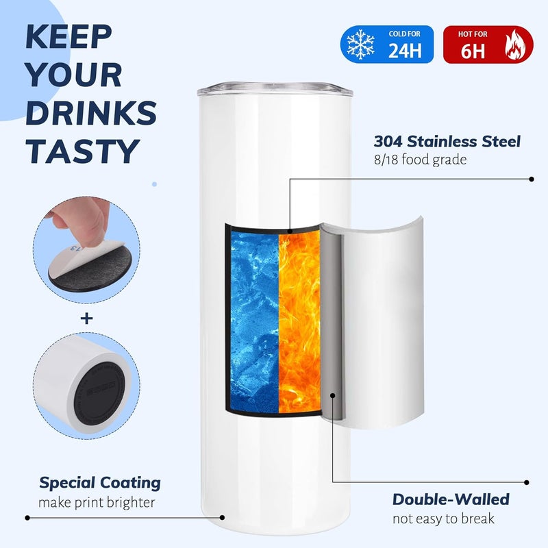 DS 20 Pack Sublimation Tumblers 20 oz Bulk Skinny Straight Flat Bottom Blank Tumbler Cups with Individual Gift Boxed for Heat Transfer DIY Craft - Image 3